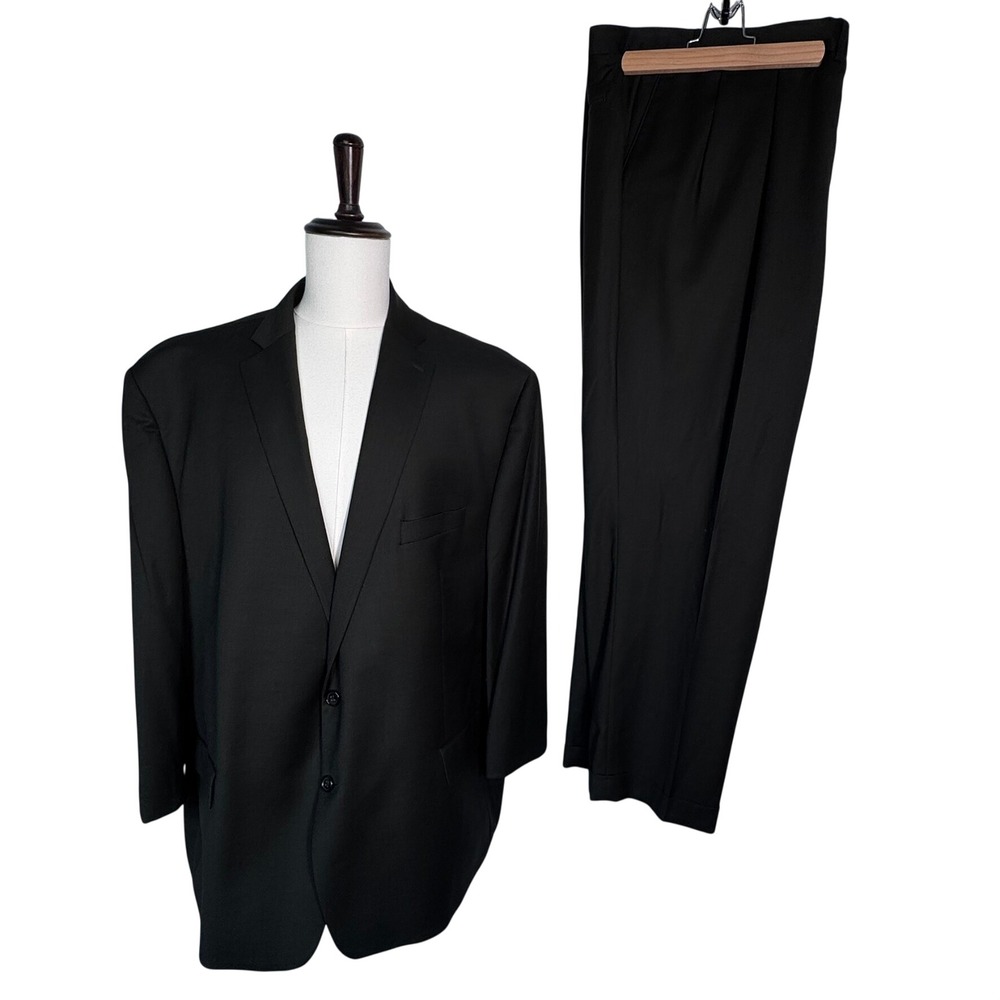 RALPH LAUREN Men's 56S Black 100% Wool 2 Piece 2 Button Suit Set Jacket Trousers